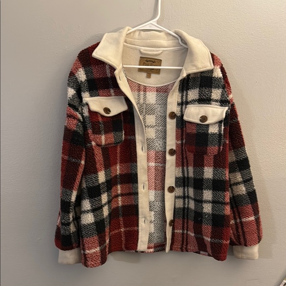 Plaid Teddy Jacket - Red and Cream - Picture 4 of 5